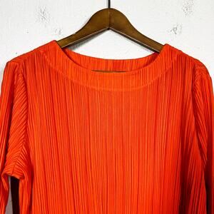 Scoop Ribbed Knit Tunic Long Sleeve Orange Casual Pleated - M